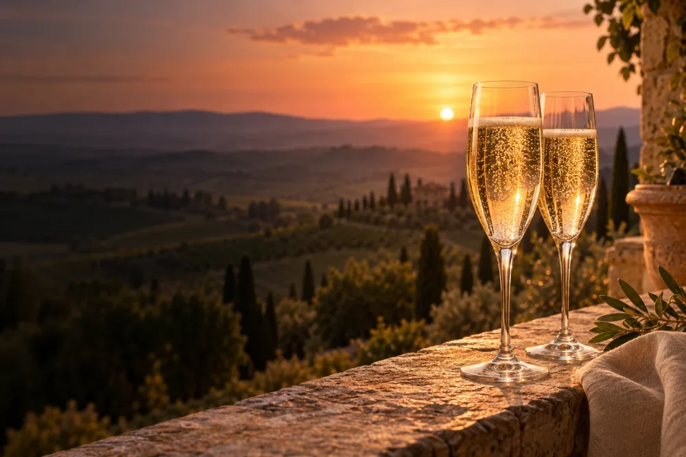 Gota prosecco në një tarracë në perëndim